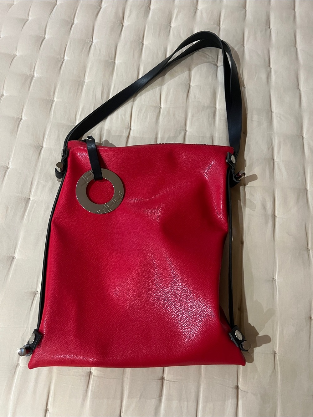 Red Pebbled Shoulder Bag with Black Strap